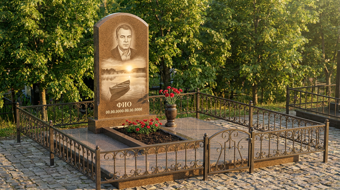 Пример дизайна: Гранитный памятник рыбаку арочной формы со спиннингом