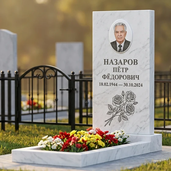 Памятник с букетом роз из белого мрамора