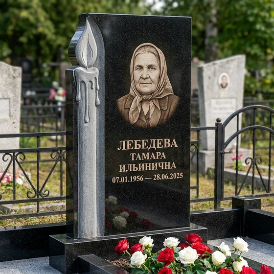 Мемориал с высеченной свечой из черного габбро-диабаза