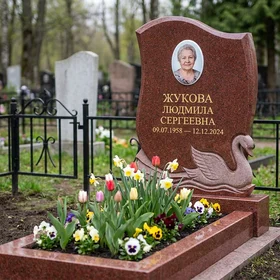 Мемориал с лебедем из красного гранита Лежниковский
