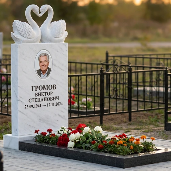 Мемориал с лебедями из белого мрамора с портретом