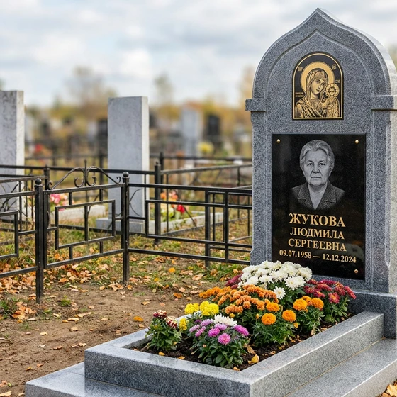 Часовенный мемориал с иконой Богородицы из мансуровского гранита