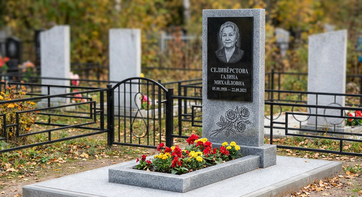 Пример дизайна: Мемориал с тремя розами на стеле из мансуровского гранита