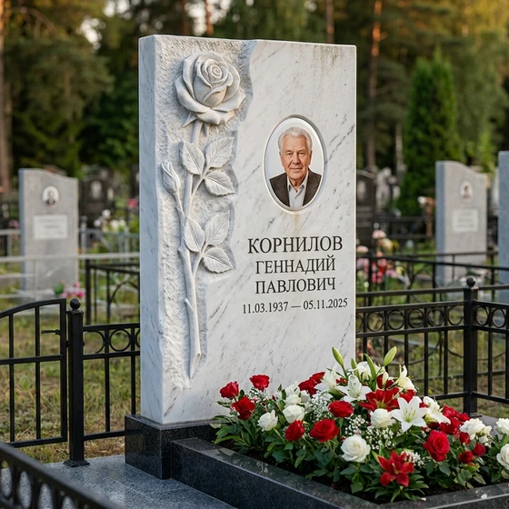 Памятник с розой из белого мрамора с художественной резьбой