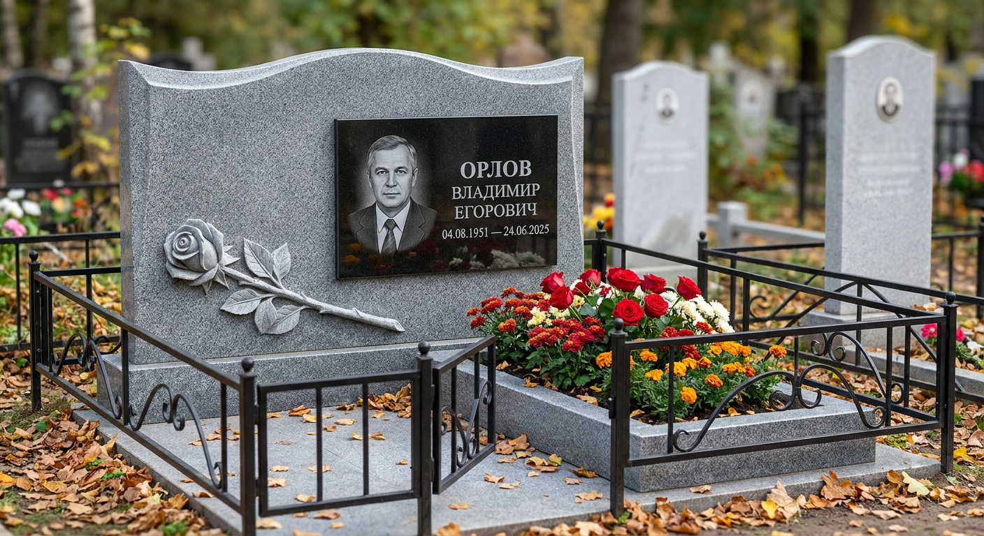 Пример дизайна: Памятник с розой из мансуровского гранита с волнообразным верхом