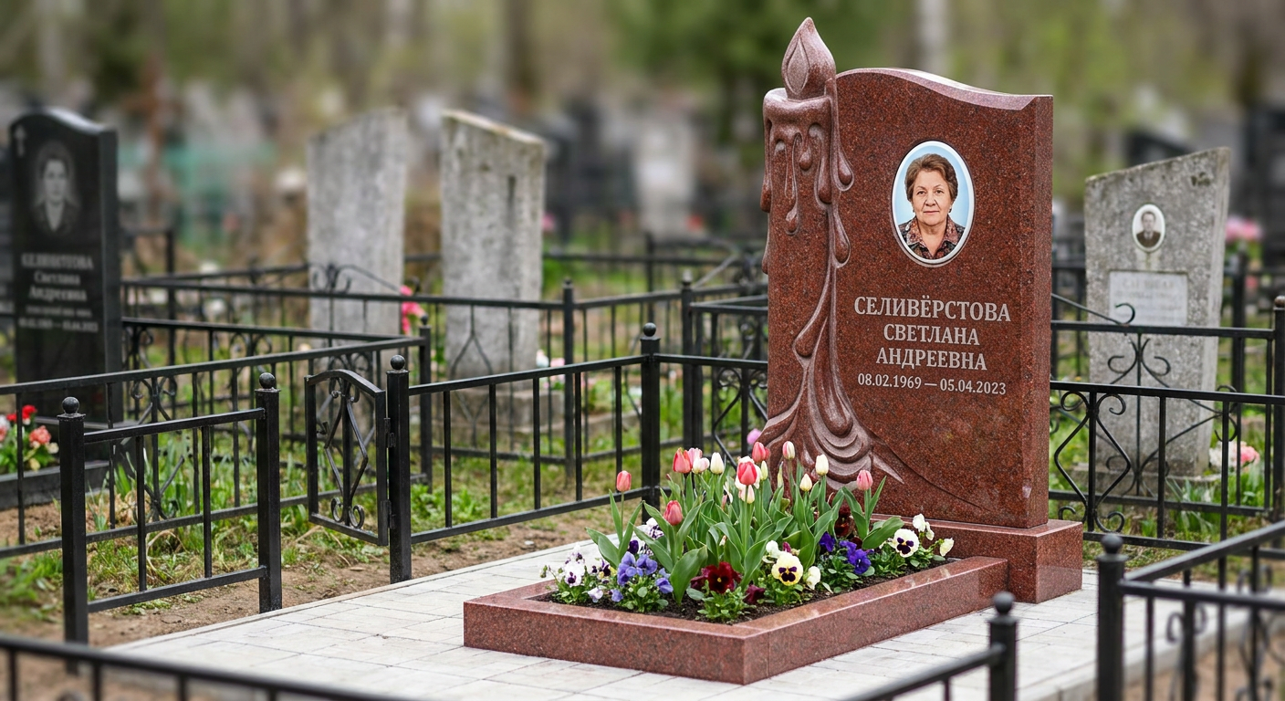Пример дизайна: Памятник со свечой из красного лезниковского гранита с фотокерамикой