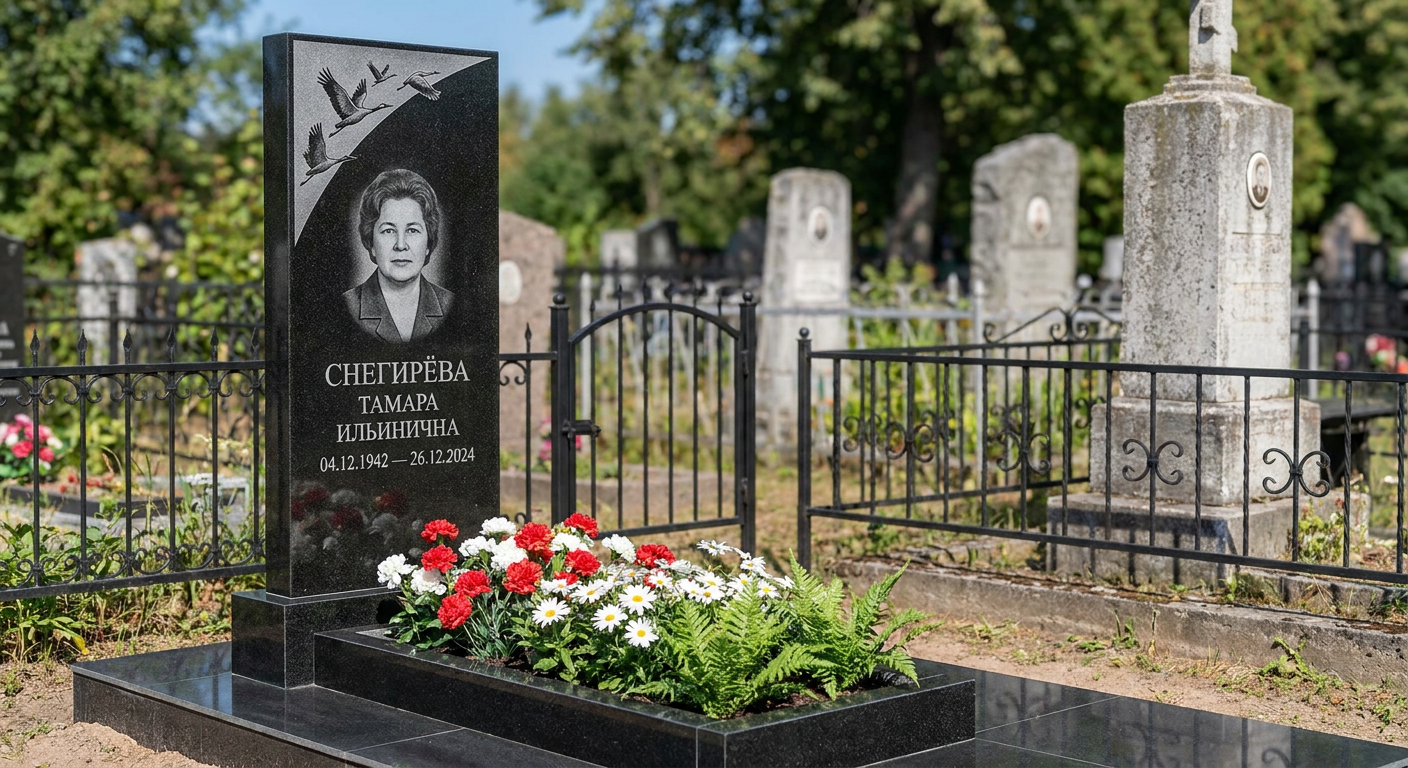 Пример дизайна: Памятник с журавлиным клином из черного габбро-диабаза с портретом