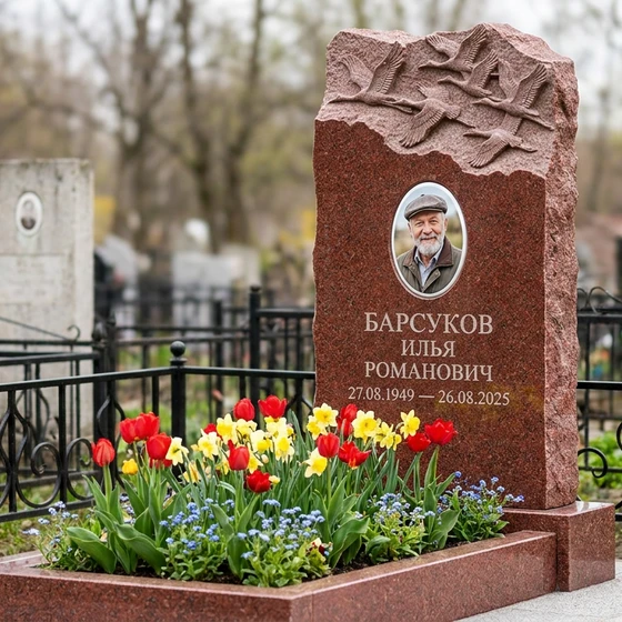 Памятник с клином журавлей из лезниковского гранита