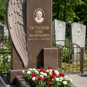Памятник с крылом ангела из дымовского гранита с портретом