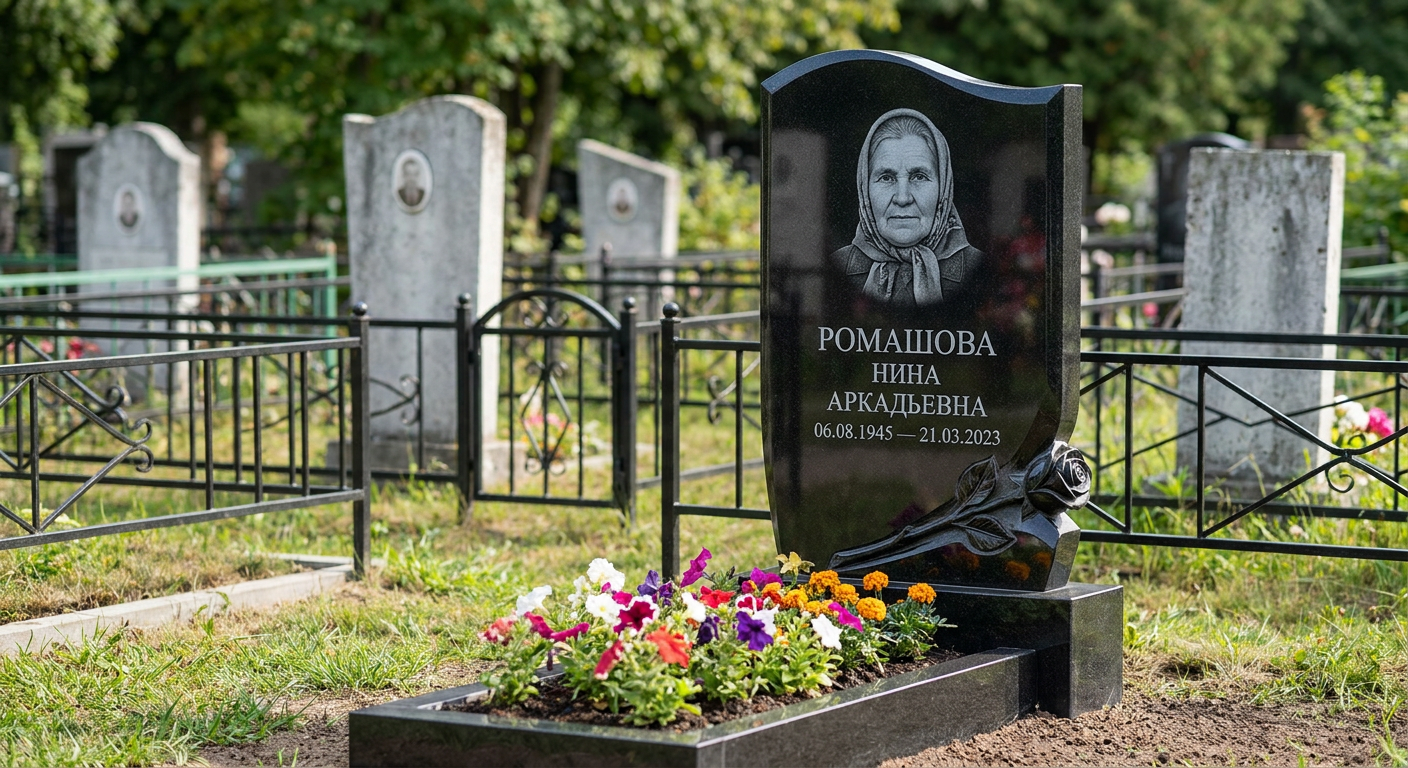 Пример дизайна: Памятник с розой из габбро-диабаза с портретом