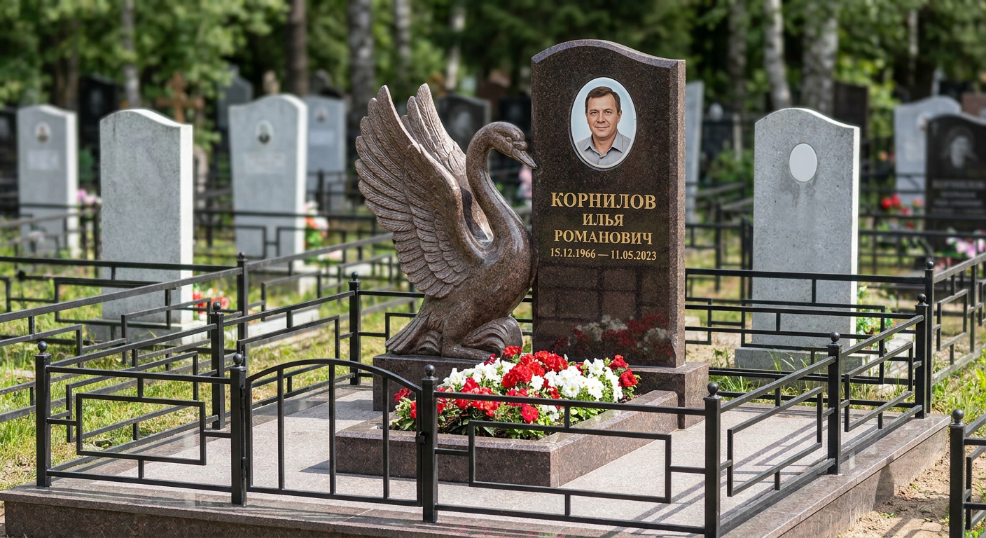 Пример дизайна: Памятник с лебедем из дымовского гранита с распахнутыми крыльями
