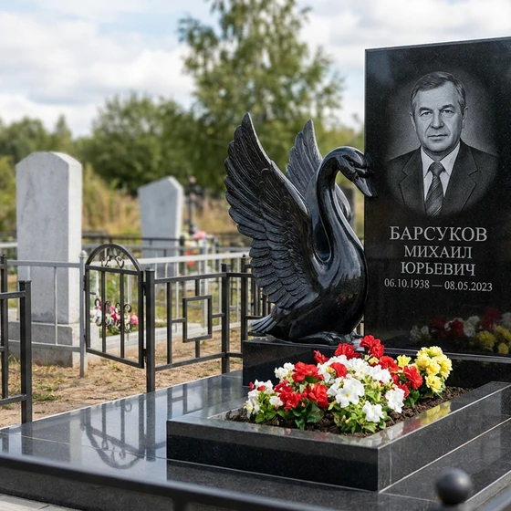 Памятник с лебедем из габбро-диабаза с распахнутыми крыльями