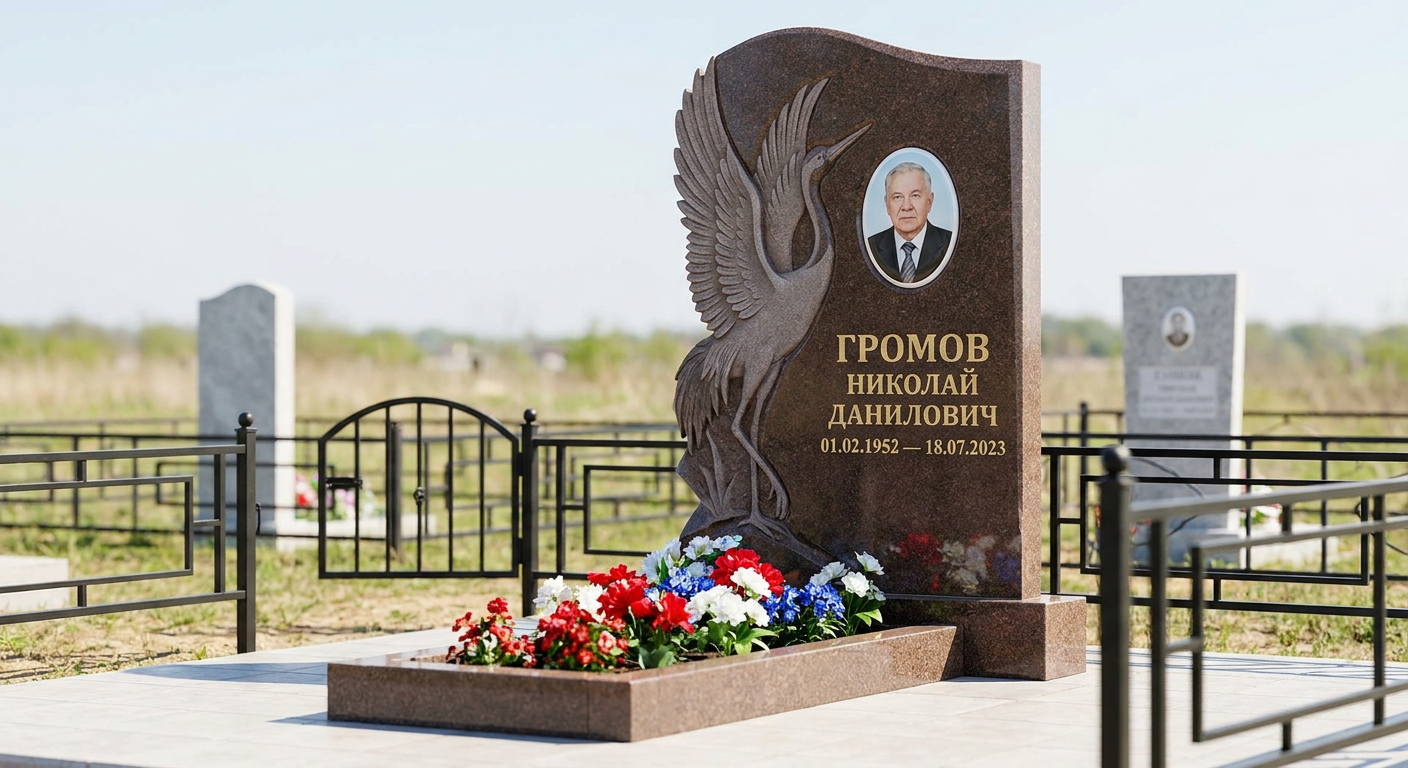 Пример дизайна: Памятник с журавлем с распахнутыми крыльями из дымовского гранита с портретом