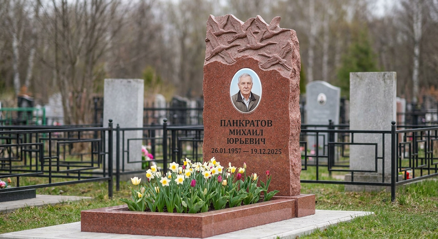 Пример дизайна: Памятник с клином журавлей из лезниковского гранита с портретом и цветником