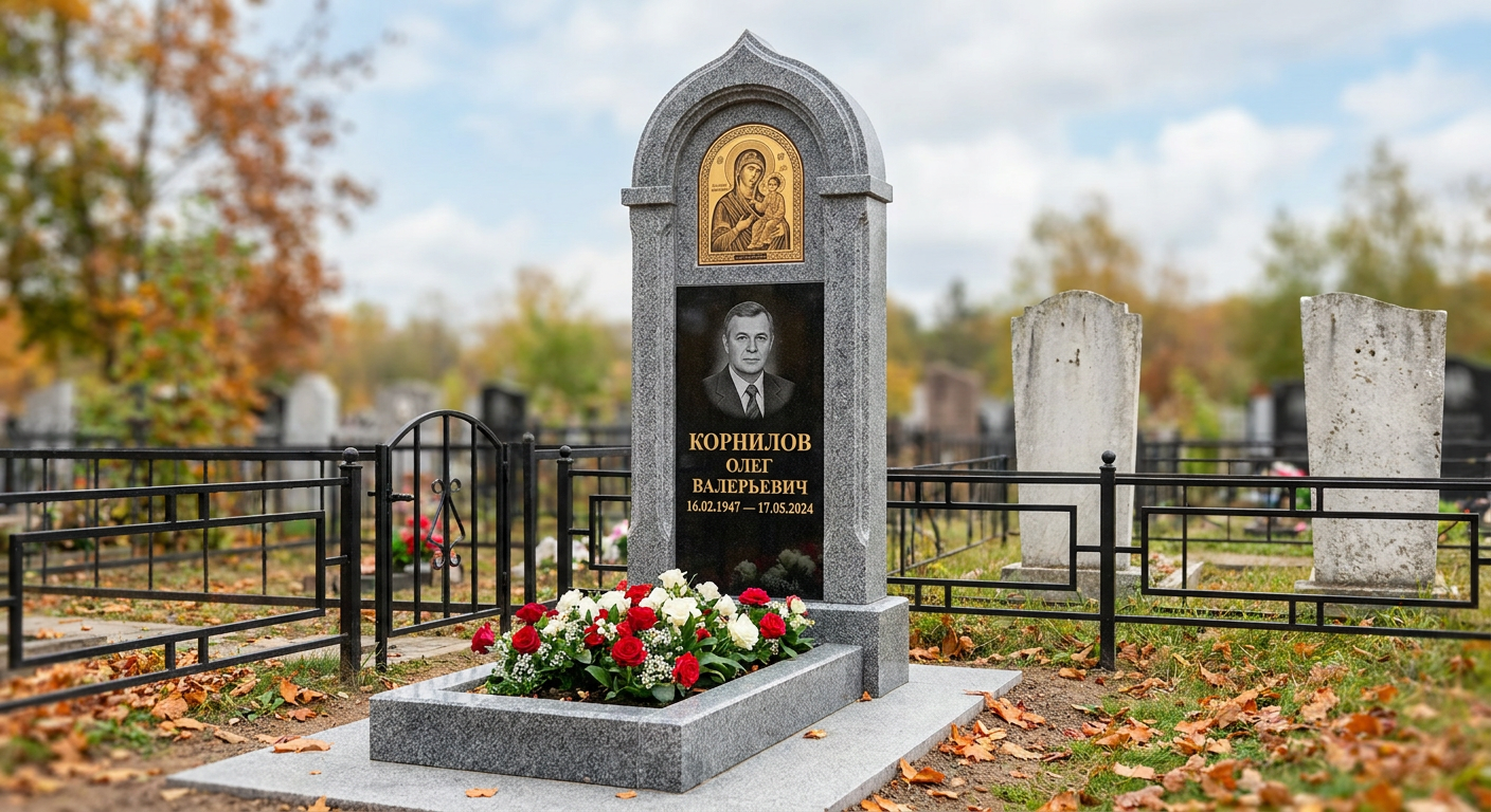 Пример дизайна: Памятник с иконой богородицы из мансуровского гранита с аркой и портретом
