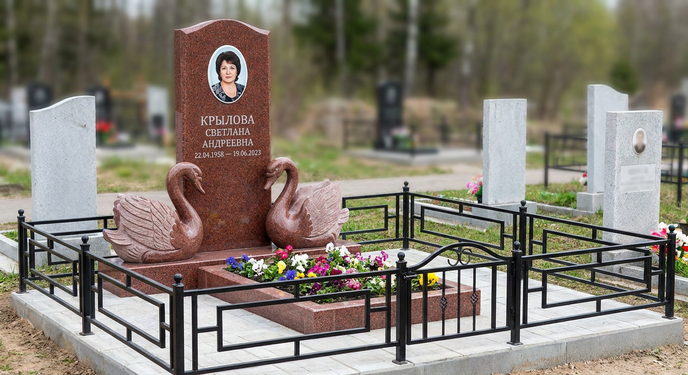 Пример дизайна: памятник с лебедем из красного гранита с портретом