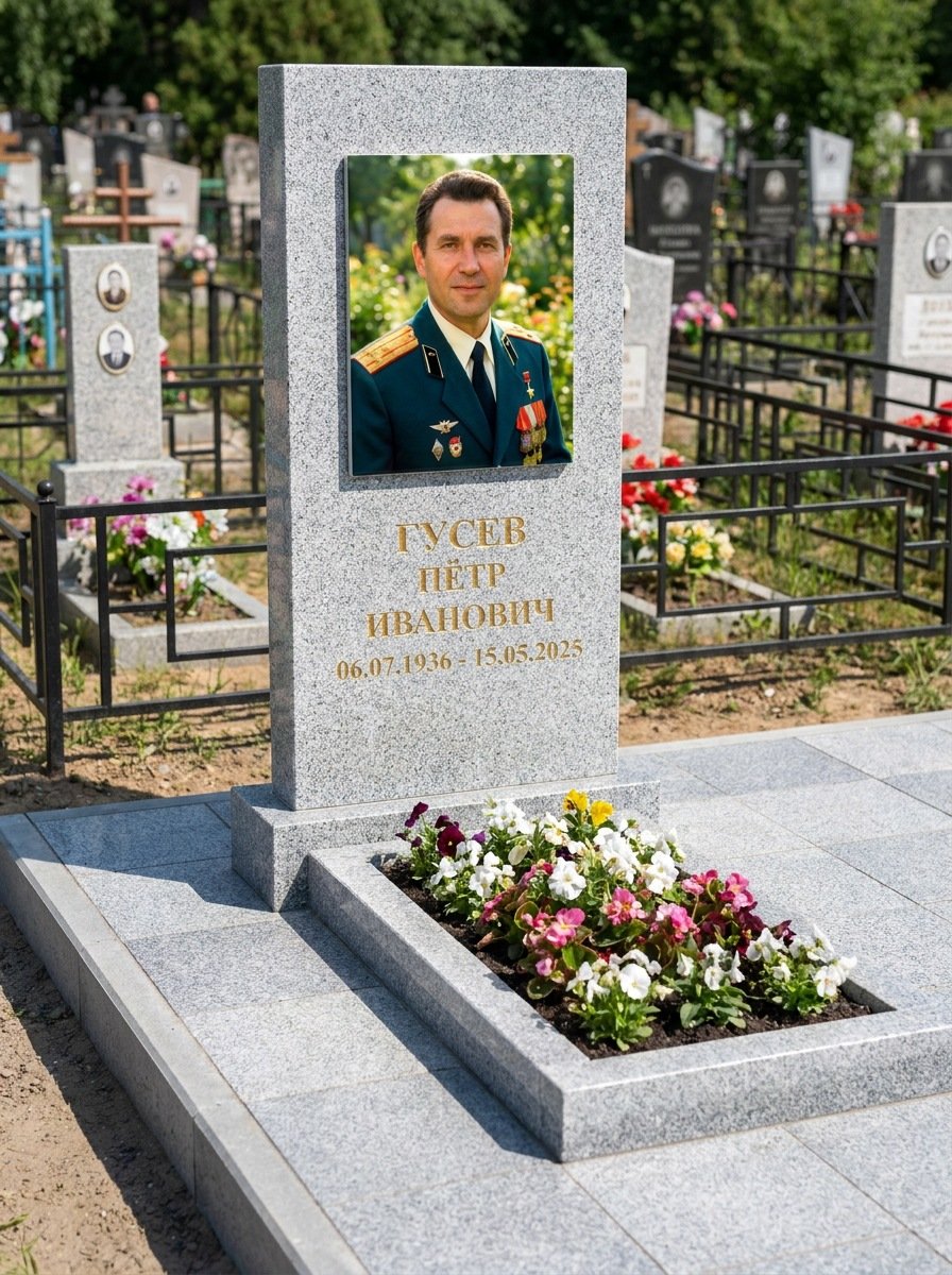 Портрет на памятнике в Новом Уренгое — Прямоугольник на гранитной стеле, ФИО и даты на портрете